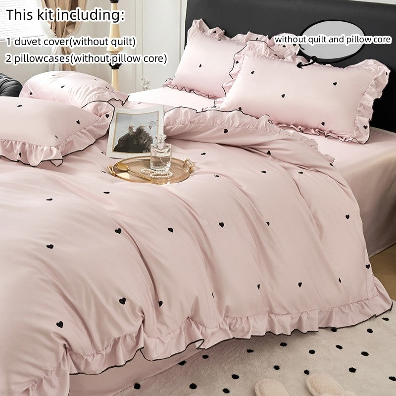 Conjunto de capa de edredom coreana de renda 3 peças (1*Capa de Edredom + 2*Fronhas, Sem enchimento), Conjunto de cama com estampa de bolinhas pretas