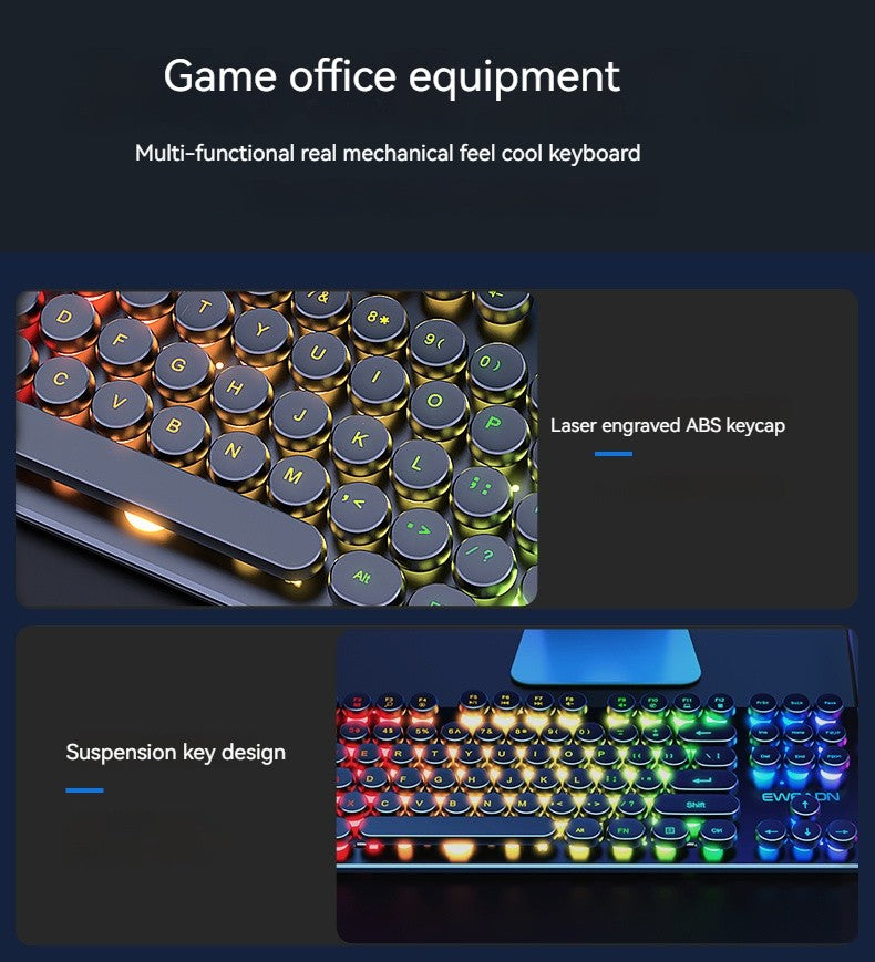 Teclado Gamer EWEADN GX330 Typewriter, 104 Teclas Retro Punk com Teclas Redondas com Fio, com Luz de Fundo RGB, para PC Laptop Windows preto