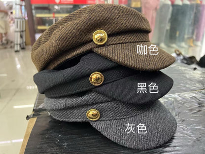 Korean Blogger Same Style Metal Button Autumn Winter Maillard Duck Bill Hat Woolen Newsboy Cap Eight Panel Hat for Women