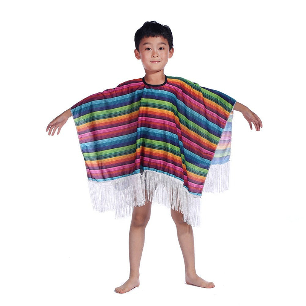 Ethnic Cloak Mexican Costume Halloween Rainbow Stripe Mexican Style Cloak Cape Dress-up Cosplay Mexican Poncho Festival Party