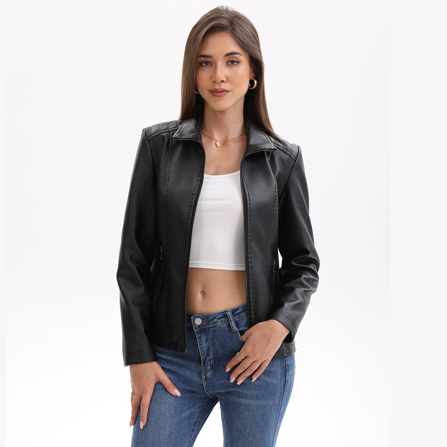2025 Women’s Stylish Brown Faux Leather Jacket - Slim Fit, Trendy Moto Style with Zipper Detail PU Coat.