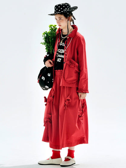 imakokoni 2025 Early Autumn Artistic Washed Braided Bow Half-Dress Casual Retro Women's A-Line Skirt255188