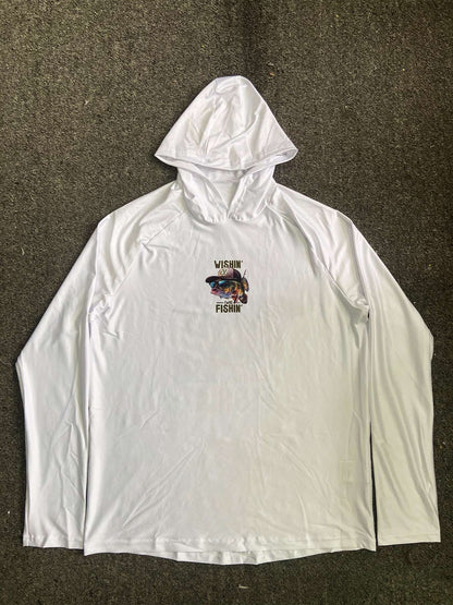 Camiseta de Corrida Masculina Manga Longa Branca com Capuz para Pesca, Roupa de Sol com Proteção UV 50+, Blusas e Moletom, Vestido de Surf