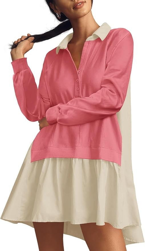 Fisoew Womens Grunge Aesthetic Dress Long Sleeve V Neck Oversized Pullover Loose Fit Mini Tennis Dress Y2K Style