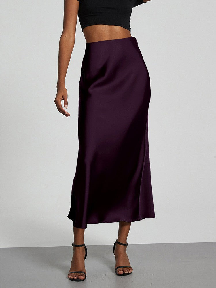 Fashion Satin Party Long Skirt High Waist Solid Color Casual Basic Women Skirts