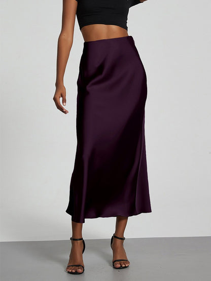 Fashion Satin Party Long Skirt High Waist Solid Color Casual Basic Women Skirts