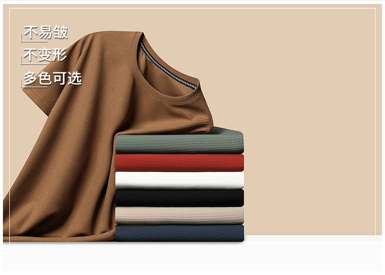 Men's New Summer Waffle round Neck Short Sleeve T-Shirt Comfortable Breathable Short-Sleeved Top for Casual Wear