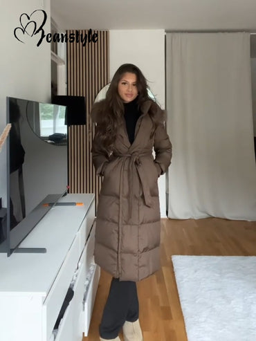 Casual Lace Up Women's Thicken Cotton Jacket Hooded Faux Fur Collar Zipper Long Coats Lady 2025 Winter Chic Female Street Coat