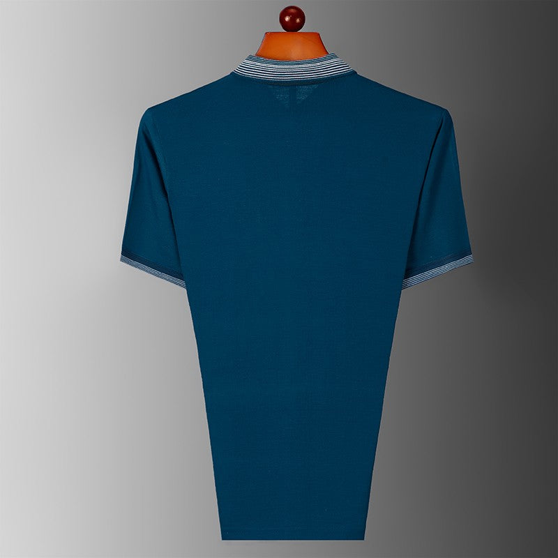 Summer men's short sleeved pure cotton lapel T-shirt polo shirt, middle-aged and elderly loose casual striped T-shirt