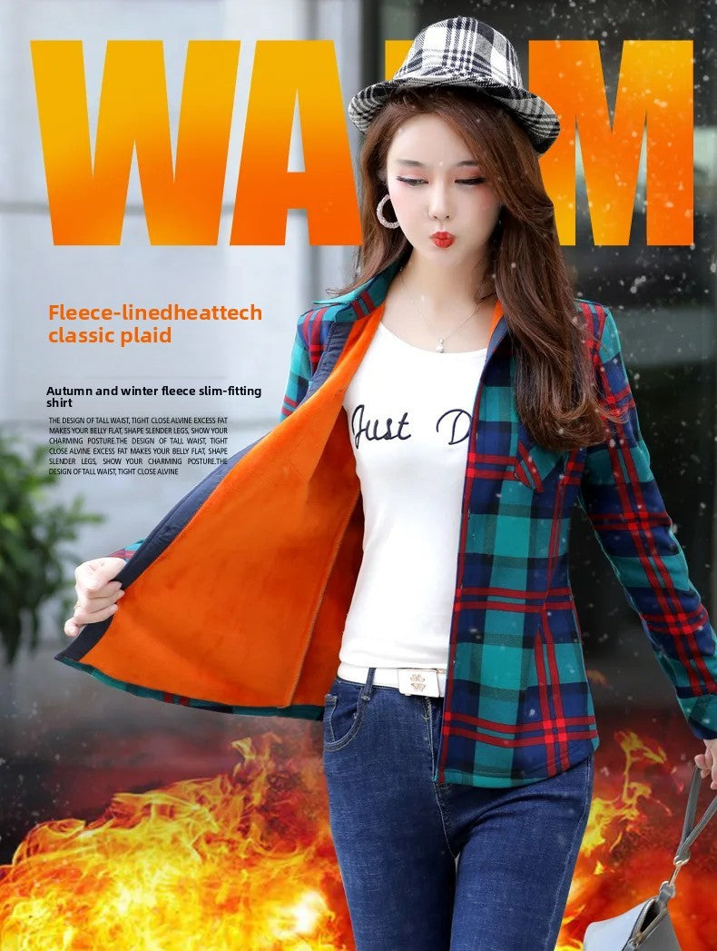 Thickened Fleece Women's Casual Shirt Korean Style All-Match Slim Fit Warm Plaid Elastic Large Size Button down Coat