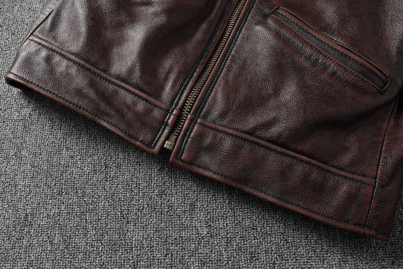 2025 New 1930s-Style Heavy Wash Leather Jacket for Men - Stone-Aged Vintage Distressed Full-Grain Cowhide Biker Coat