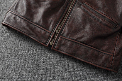 2025 New 1930s-Style Heavy Wash Leather Jacket for Men - Stone-Aged Vintage Distressed Full-Grain Cowhide Biker Coat