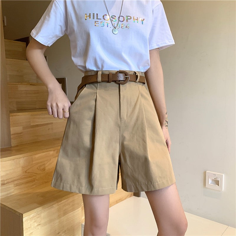 Workwear Shorts for Women High Waist Summer Wide-leg Shorts Belt Khaki Casual Cotton Korean Fashion Solid Pocket Womens Shorts