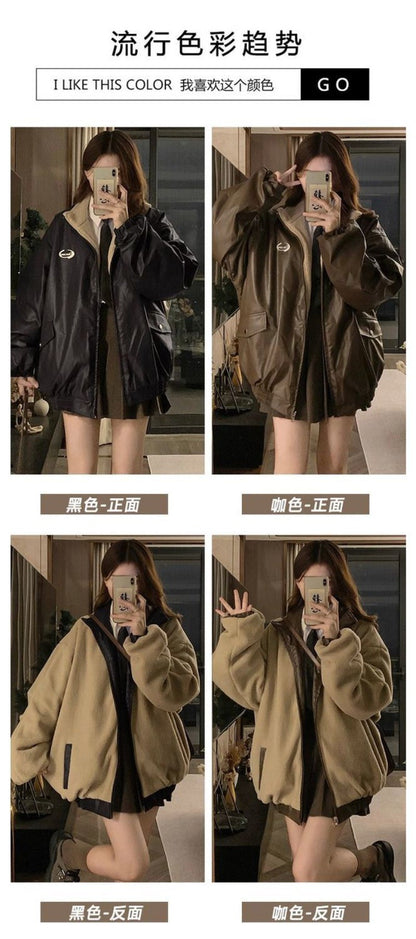 Maillard Fashion PU Leather Jacket With Lambswool Coat Both Sides Female Y2K Winter New Velvet Locomotive Cotton-padded Jacket