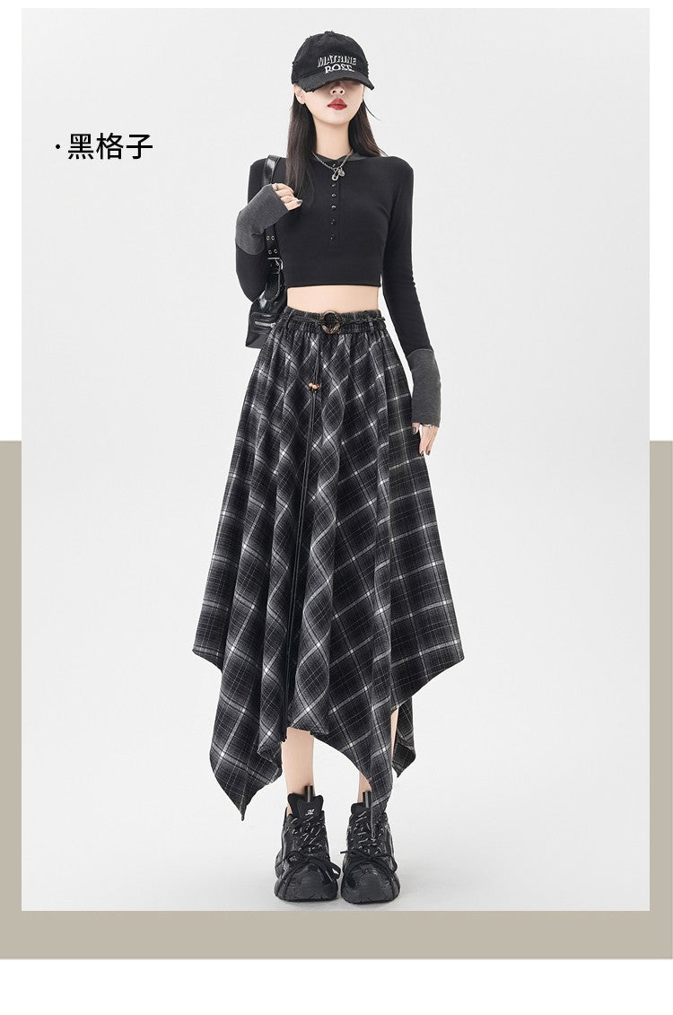 Women Skirt Plaid High Waisted Elastic A Line Mid Length Korean Style Fashion Retro Versatile Irregular Autumn Skirt