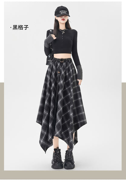 Women Skirt Plaid High Waisted Elastic A Line Mid Length Korean Style Fashion Retro Versatile Irregular Autumn Skirt