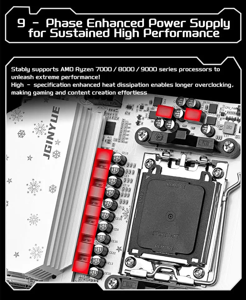 Placa-mãe JGINYUE B650M PRO V2 AM5 M-ATX para processadores AMD® Ryzen™ 7000/8000/9000 Series DDR5 RAM de até 96GB e 3 Slots M.2 para computadores (sem Wi-Fi)