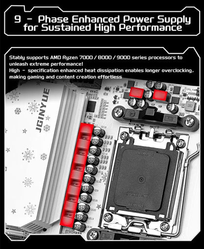 Placa-mãe JGINYUE B650M PRO V2 AM5 M-ATX para processadores AMD® Ryzen™ 7000/8000/9000 Series DDR5 RAM de até 96GB e 3 Slots M.2 para computadores (sem Wi-Fi)