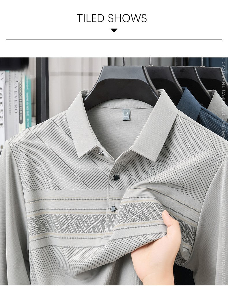 TFETTERS Elegant T Shirt for Man 2025 Spring Autumn Tops Long Sleeve Turn Down Collar Graphic Smart Casual T-shirt for Men