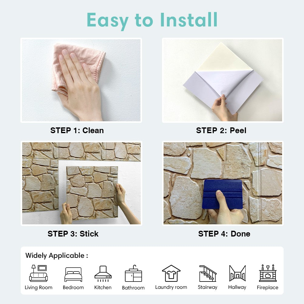 3D Tile Stickers, 3D Faux Stone Textures, Matte, 30cm x 30cm, Water and Mold Resistant, for Living Room, Kitchen Wall Update