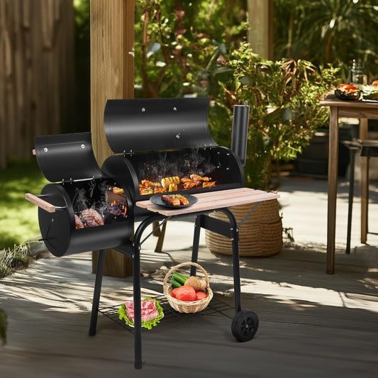 BBQ Charcoal Grill, Outdoor Patio Grill with Offset Smoker, Wheels and Tray for Balcony Picnics, Parties and Camping