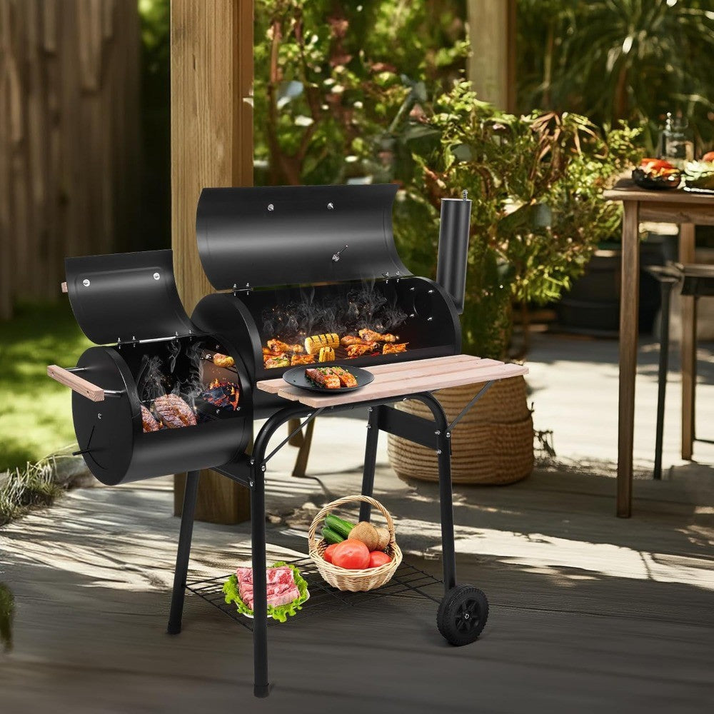 BBQ Charcoal Grill, Outdoor Patio Grill with Offset Smoker, Wheels and Tray for Balcony Picnics, Parties and Camping