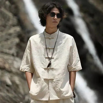 Chinese Style Linen Shirt with Button Design Cotton Linen Spring Autumn New Style Men's Retro Shirt Casual Summer Top