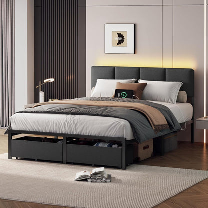 Estrutura de Cama de Casal Furnulem com Cabeceira, Cama de Casal Estofada com Luz LED, Estação de Carregamento USB, Base de Cama