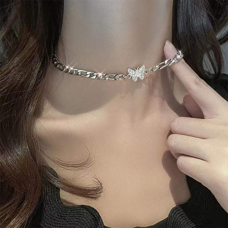 Novo Colar de Borboleta Brilhante Feminino Requintado Colar de Corrente Dupla Camada na Clavícula Joias para Presente Feminino
