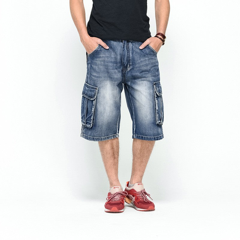 ABOORUN Mens Plus Size Loose Baggy Denim Shorts Fashion Streetwear Hip Hop Skateboard Cargo Jeans Short for Male R1402