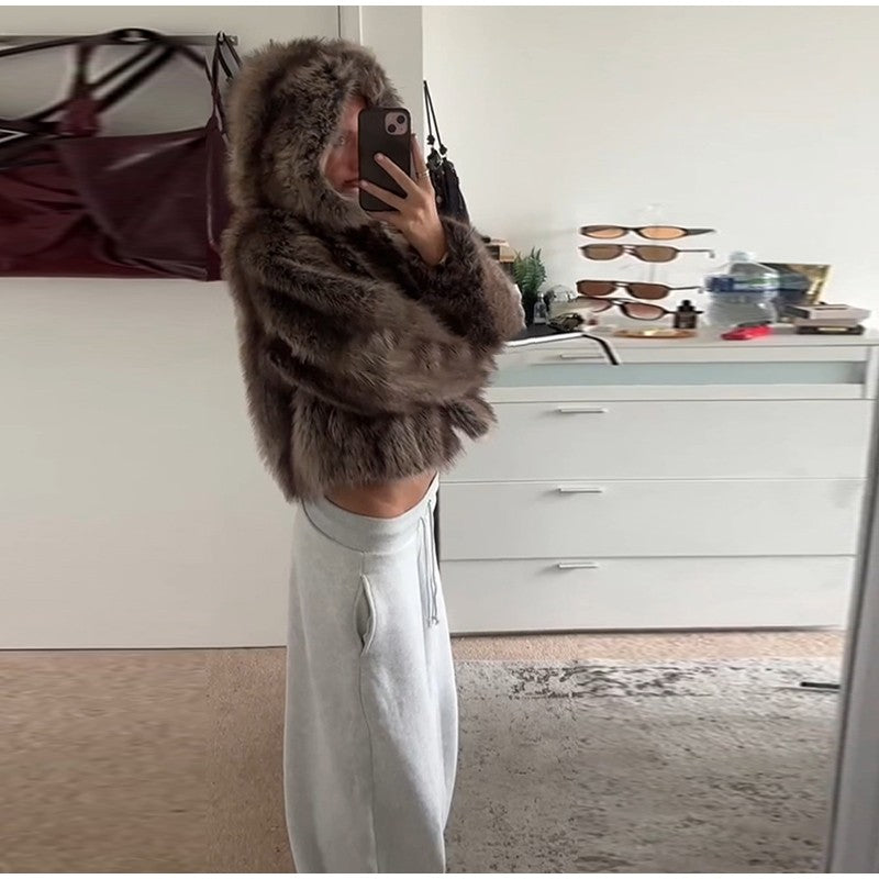 Warm Women's Hooded Faux Fur Cropped Coats Loose V-neck Full Sleeve Thicken Jacket Female 2025 Autumn Winter Lady Luxury Outwear