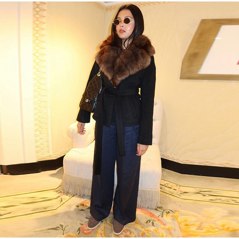 Elegant Faux Fur Lace Up Woolen Coat Women Shawl Collar Belted Waist Full Sleeve Coats Female Autumn Winter Fashion Lady Outwear