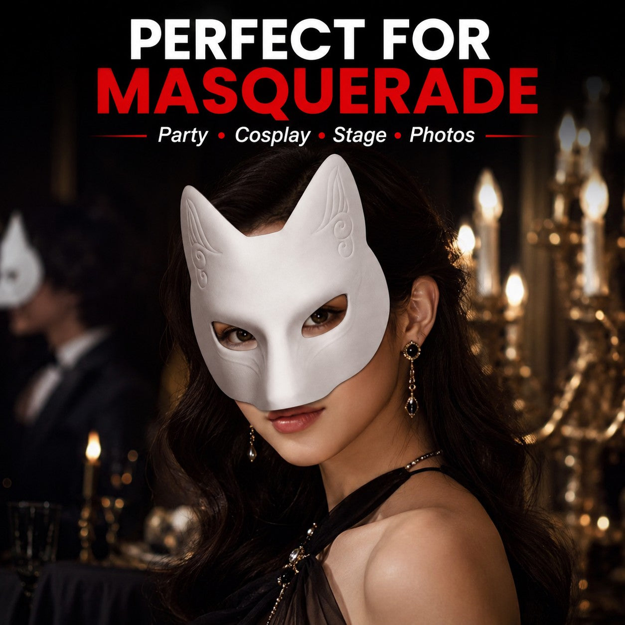 DIY White Fox Mask Paintable Kitsune Cosplay Half Face Mask, Blank Anime Fox Mask for Halloween Party Masquerade Stage Prop