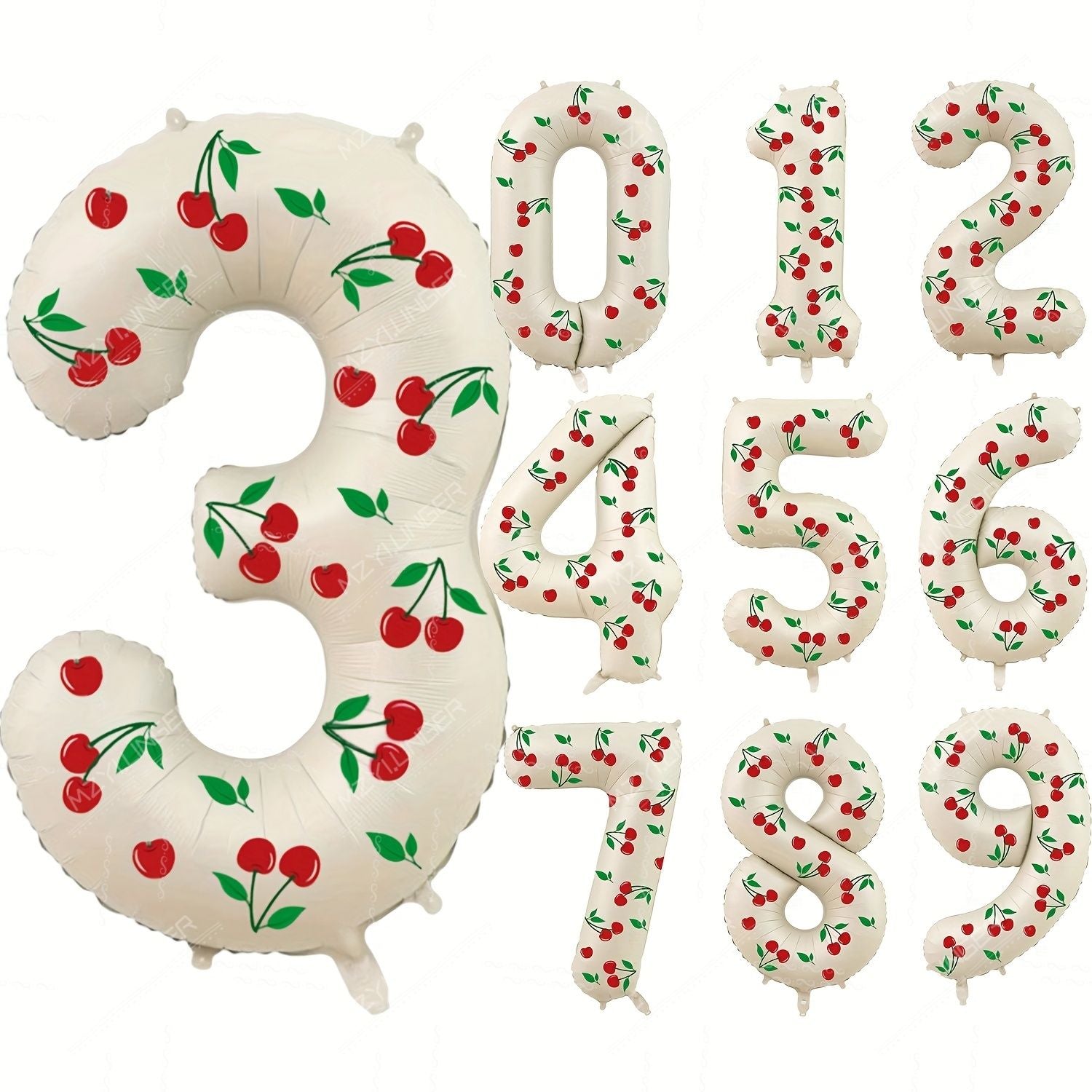 Cream White Number 0-9 Foil Balloons with Cherry Stickers Perfect for Cherry Theme Birthday Party Engagement Wedding Room Decor