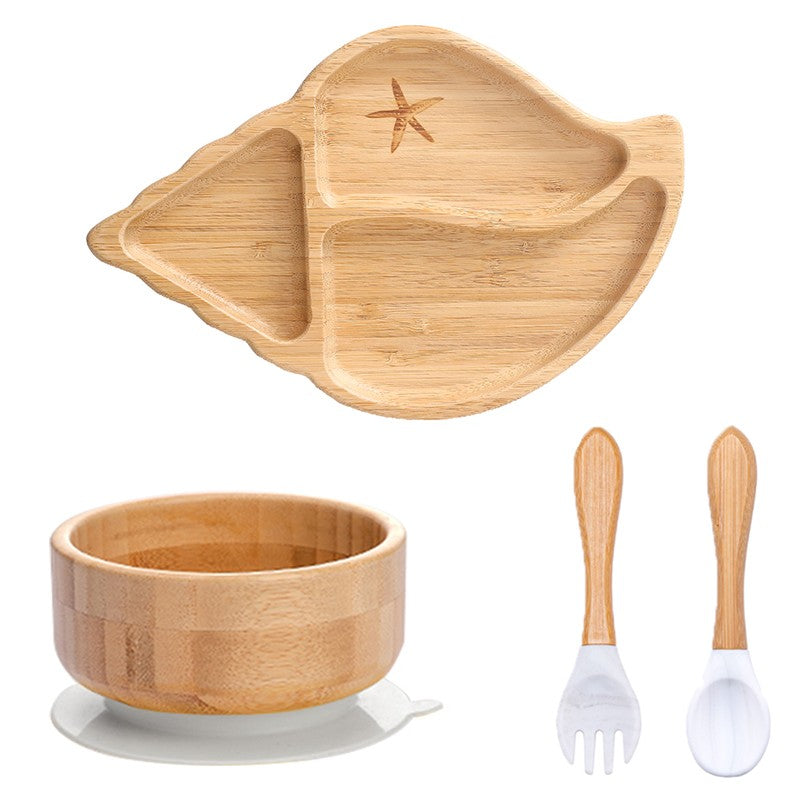 4pcs Bamboo Plate Sets Baby Feeding Bowl Wooden Kids Feeding Supplies Spoon Fork for Baby Tableware Suction Plate Bowl Cup