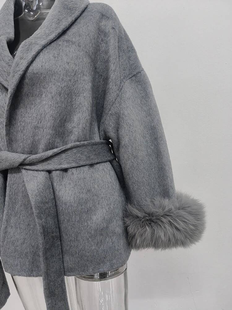 UCXQ Casaco Feminino Elegante OL para Escritório com Retalhos de Pelo Manga Comprida Lã Jaqueta de Roupa Feminina Bonita Outono Inverno 2025