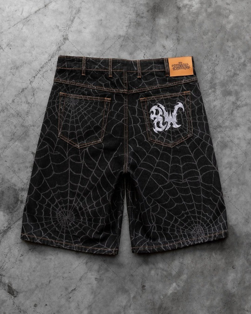 2025 New Street Hip-hop Retro Spider Web Fashion Loose Denim Shorts Men American Harajuku Y2K Casual Punk Straight Pants Women