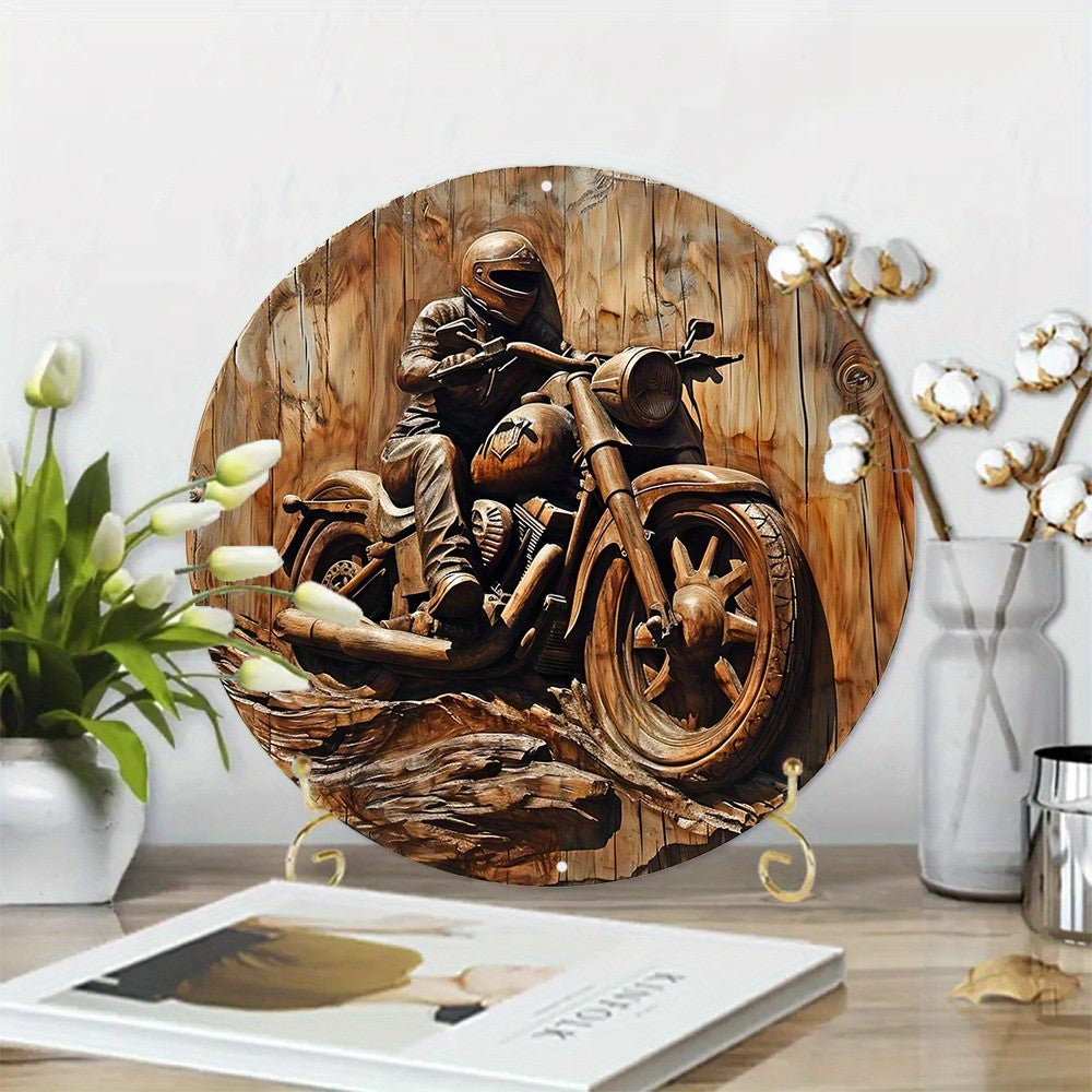 Round Metal Sign Faux Wooden Carved Painted Circular Wreath Sign Entrance Decoration Gifts Motorcycle Themed Decoration