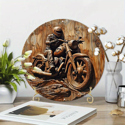 Round Metal Sign Faux Wooden Carved Painted Circular Wreath Sign Entrance Decoration Gifts Motorcycle Themed Decoration