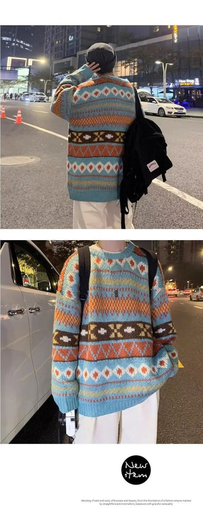 Japanese Vintage Sweater Men's Trendy Ethnic Striped Loose-Fit Knitted Top Casual Crew Neck Idle Style Couple Model Sweater