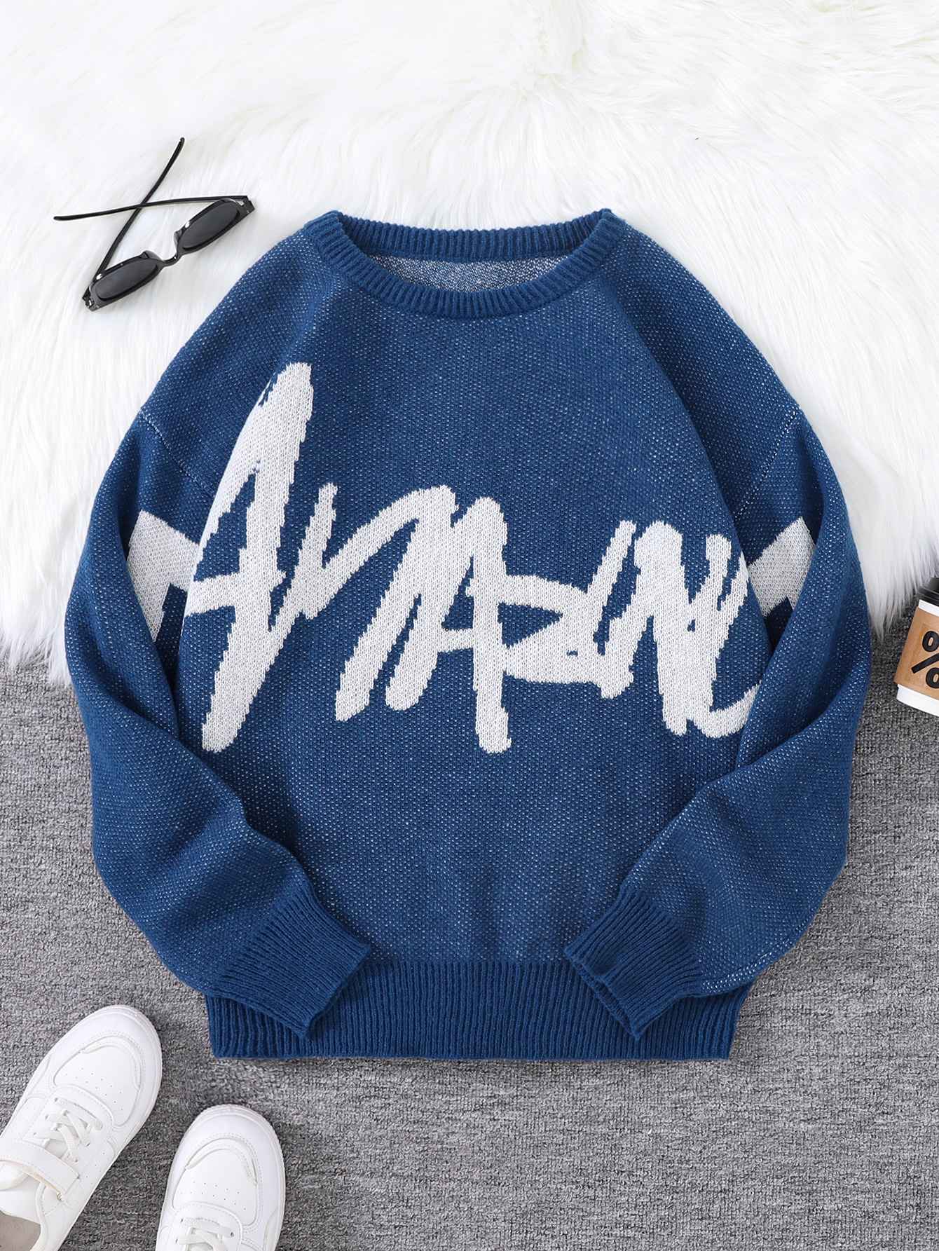 New Popular Spring Autumn Graffiti Jacquard Pattern Pullover Sweater Casual Round Neck Contrast Color Knitted Men's Pullover