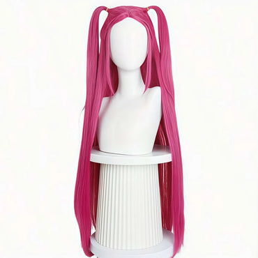 Peruca rabo de cavalo vermelha rosada com franja, cabelo longo e liso, peruca sintética rosa e vermelha estilo anime com rabo de cavalo duplo, adequada para o Halloween