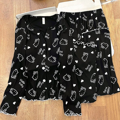 New Women Hello Kitty Pajamas Set Long Sleeve V-Neck Cardigan and Pants Cute Cartoon Homewear Sleepwear Loungewear Spring Autumn