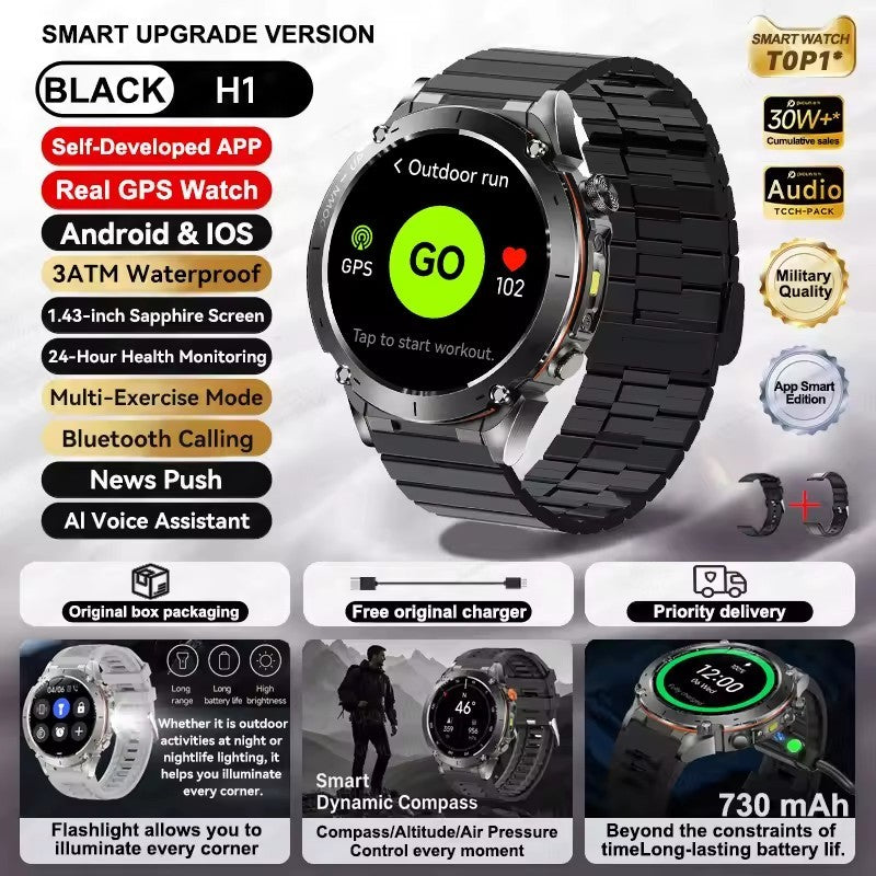 Smartwatch GUHUAVMI IOS Ultra GPS 2025 Novo à prova d'água 10ATM Bússola GNSS de banda dupla integrada Esportivo Militar Masculino Pulseira para NATAÇÃO