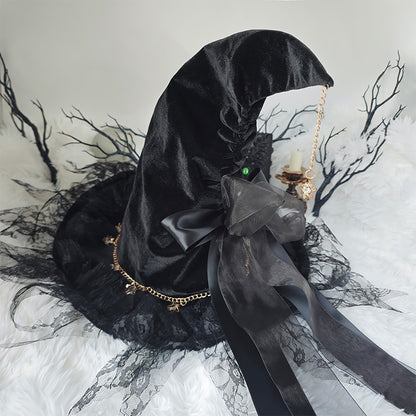 Handmade Lace Witch Pointed Hats Bandage Bow Wizard Hat Adult Gothic Lolita Cosplay Costume Accessories Halloween Party Hat