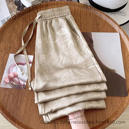 Plus Size Acetate Wide Leg Pants Women's Spring Autumn National Style Print High Waist Slimming Drapey Cool Large Size Women'...