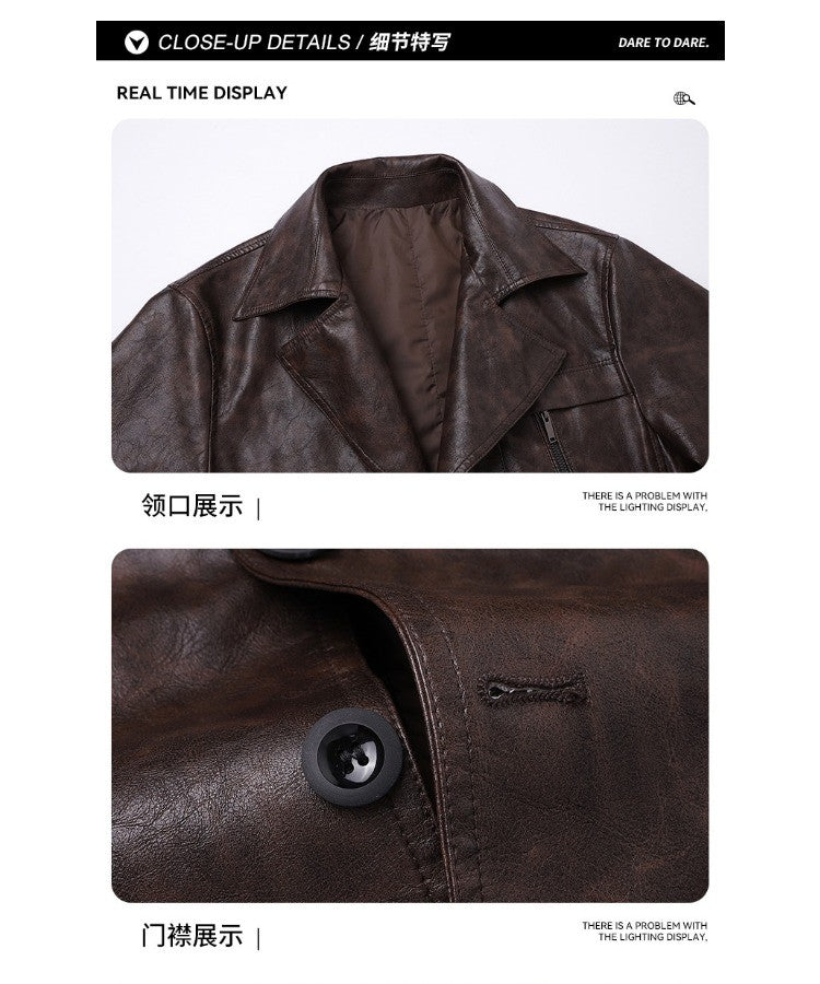 New Mid-length Men's Leather Jacket Spring and Autumn Fashion Functional Lapel PU Jacket Retro Men's Motorcycle Leather Jacket