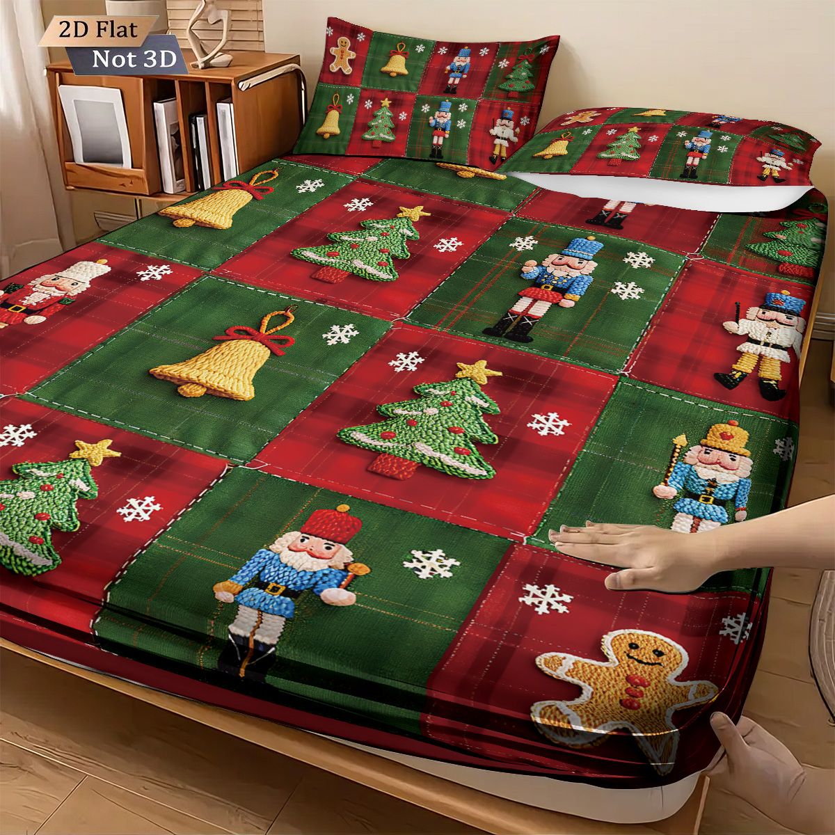 Conjunto de 3 peças de lençol sem elástico com estampa de Natal e emenda de tecido, vários tamanhos, colcha macia, decoração de quarto, lavável à máquina