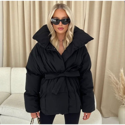 Solid Lapel Lace Up Cotton Coat Women Fashion Long Sleeve Warm Loose Pocket Short Coats Lady New Winter Commute Street Outwears