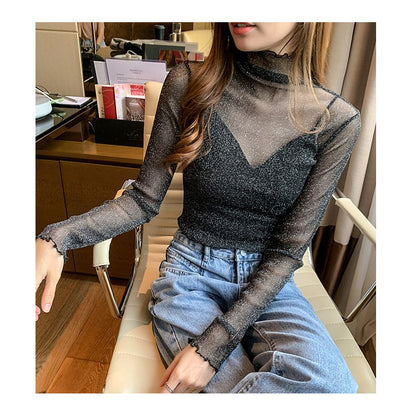 Spring Summer Women's Sexy See Through Mesh Blouse Long Sleeve Transparent Shining Elegant Shirt Fashion Women Tops 2025